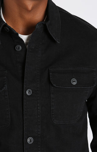 Jet Black Stretch Flannel Lined Denim Jacket - JACHS NY