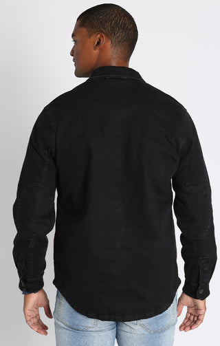 Jet Black Stretch Flannel Lined Denim Jacket - JACHS NY