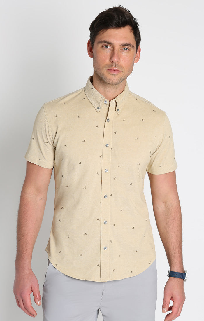 Tan Cocktail Print Knit Oxford Stretch Short Sleeve Shirt – JACHS NY