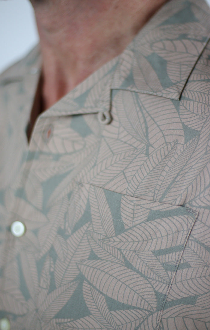 Taupe Leaf Print Rayon Short Sleeve Camp Shirt