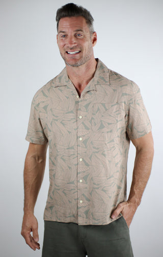 Taupe Leaf Print Rayon Short Sleeve Camp Shirt - JACHS NY