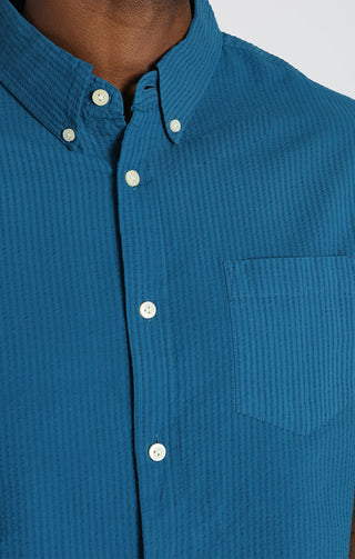 Blue Seersucker Short Sleeve Shirt - JACHS NY