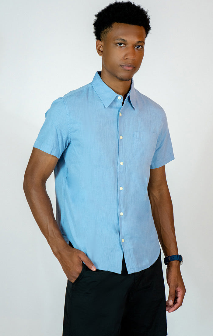 Blue Cotton Linen Short Sleeve Shirt – JACHS NY