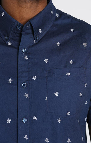 Blue Turtle Print Short Sleeve Oxford Shirt - JACHS NY