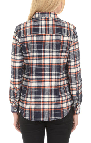 Ladies Plaid Flannel Shirt - Navy and Orange - JACHS NY