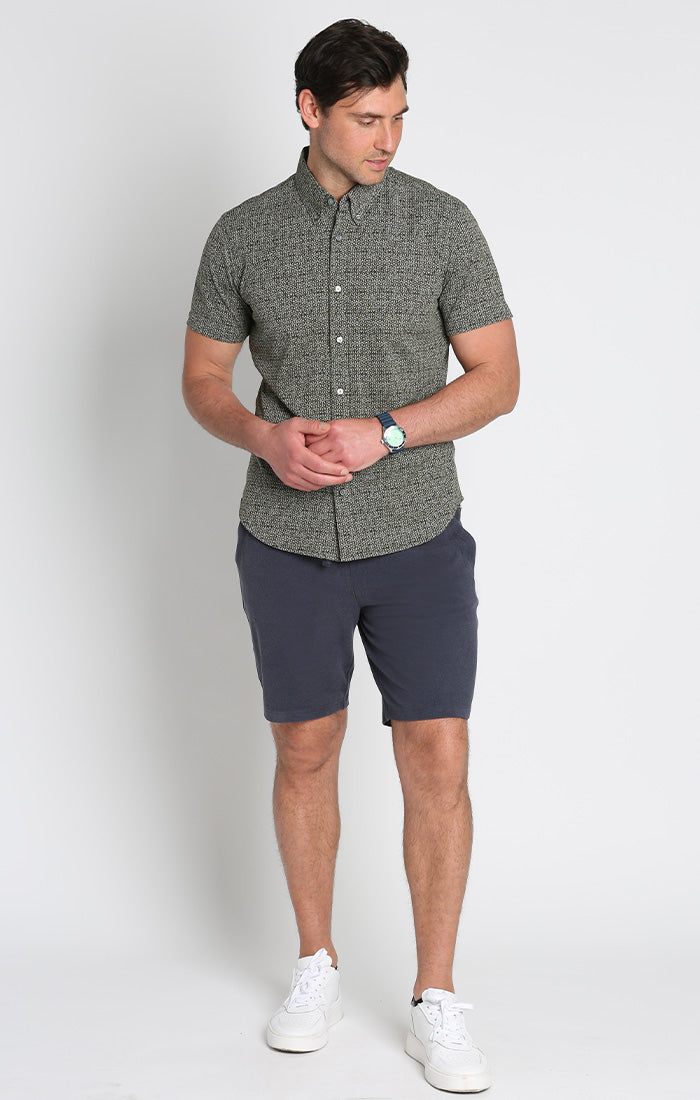 Olive Star Print Knit Oxford Stretch Short Sleeve Shirt