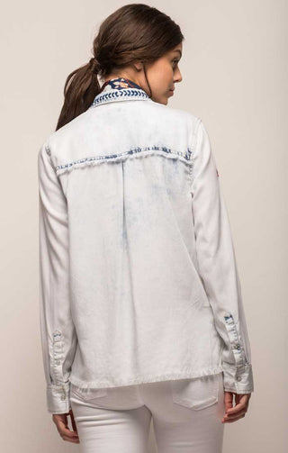 Embroidered Denim Crossover Blouse - JACHS NY
