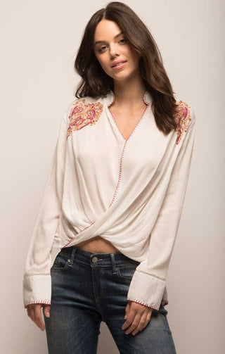 Embroidered Crossover Boho Blouse - White - JACHS NY