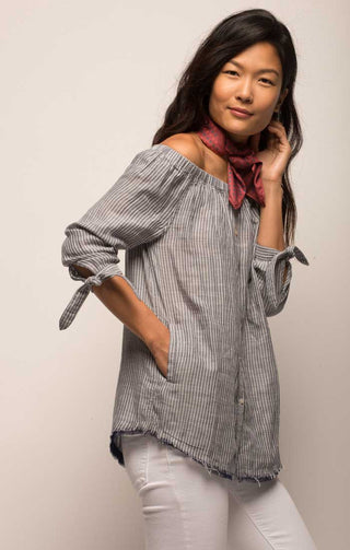 Off The Shoulder Striped Button Down - Blue - JACHS NY