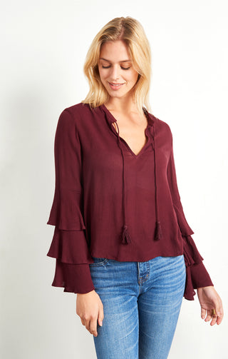 Burgundy Tiered Bell Sleeve Top - JACHS NY