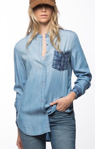 Embroidered Denim Button Down- Light Wash - JACHS NY