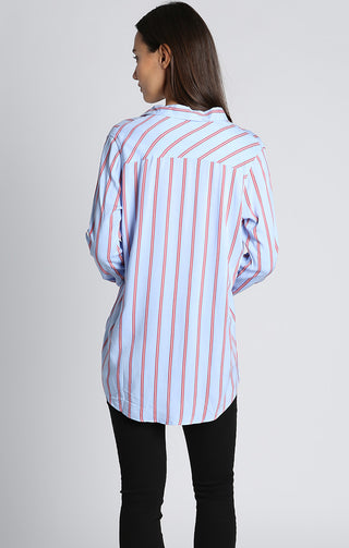 Striped Long Sleeve Tab Rayon Blouse - JACHS NY