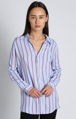 Striped Long Sleeve Tab Rayon Blouse - JACHS NY