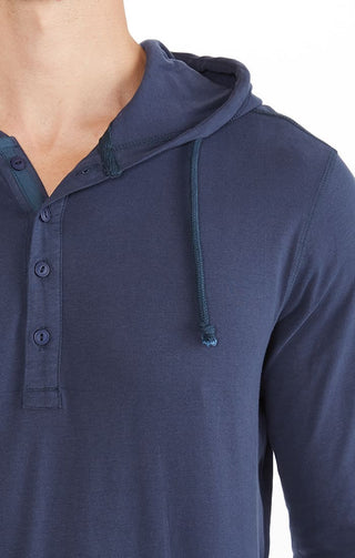 Indigo Sueded Cotton Hooded Henley - JACHS NY