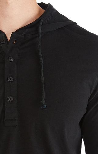 Jet Black Sueded Cotton Hooded Henley - JACHS NY