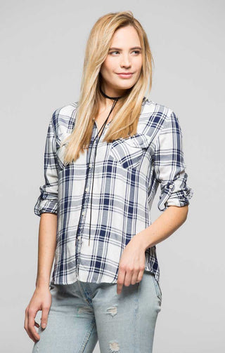 Plaid One Pocket Button Back Shirt - White and Navy - JACHS NY