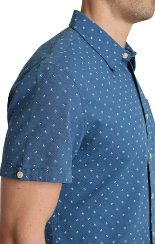 Navy Floral Stretch Linen Short Sleeve Shirt - JACHS NY