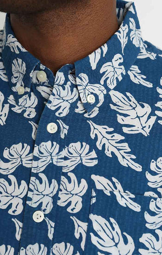 Blue Leaf Print Seersucker Short Sleeve Shirt - JACHS NY