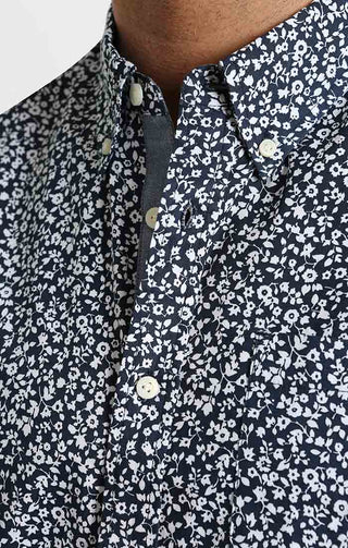 Navy Floral Print Stretch Poplin Short Sleeve Shirt - JACHS NY