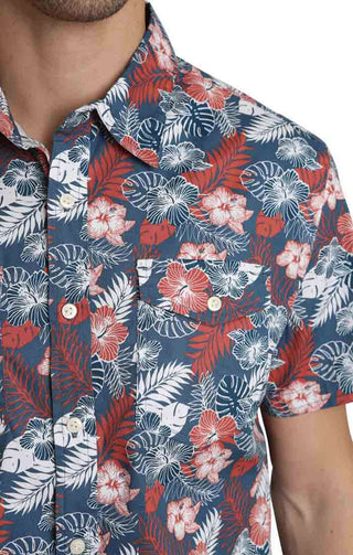 Tropical Print Stretch Poplin Short Sleeve Shirt - JACHS NY
