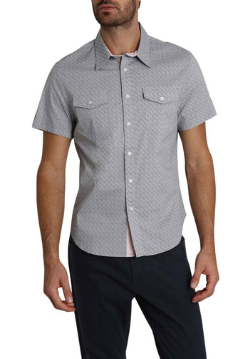 Grey Micro Block Print Short Sleeve Tech Shirt - JACHS NY