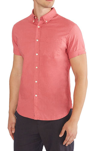 Red Short Sleeve Stretch Cotton Linen Shirt - JACHS NY
