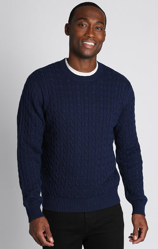 Navy Cotton Cashmere Cable Knit Sweater - JACHS NY