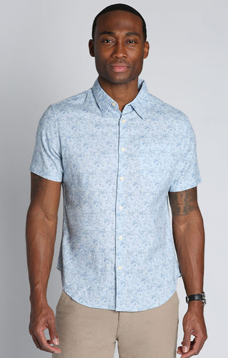 Blue Floral Print Cotton Linen Short Sleeve Shirt - JACHS NY