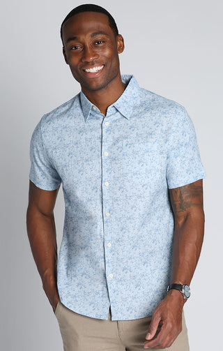 Blue Floral Print Cotton Linen Short Sleeve Shirt - JACHS NY