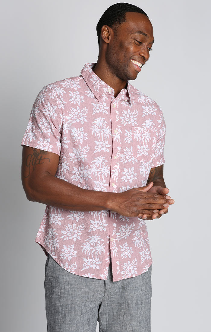Pink Island Print Seersucker Short Sleeve Shirt