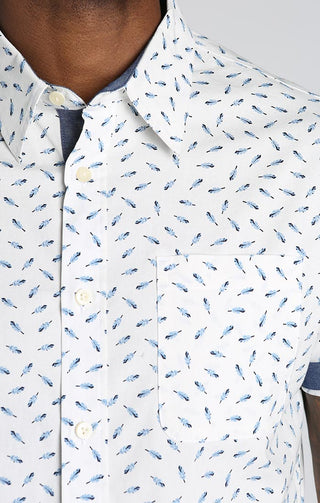 White Feather Print Stretch Short Sleeve Shirt - JACHS NY