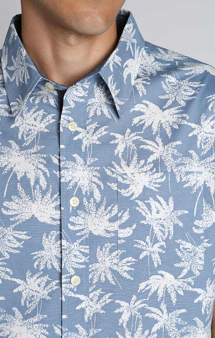 Blue Palm Tree Print Stretch Short Sleeve Shirt