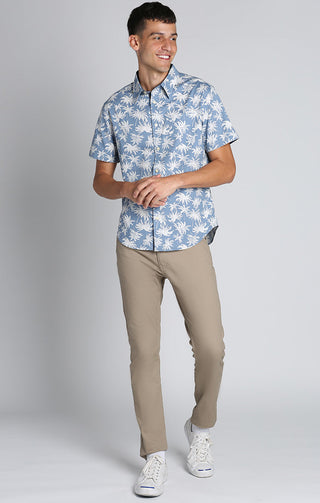 Blue Palm Tree Print Stretch Short Sleeve Shirt - JACHS NY