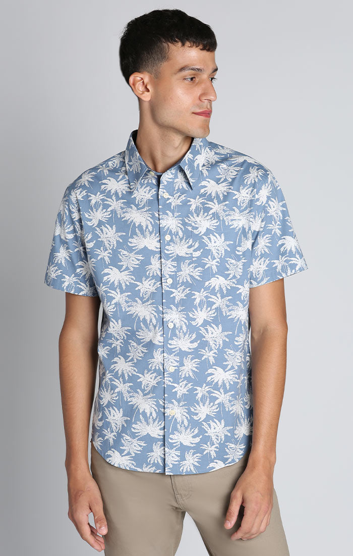 Blue Palm Tree Print Stretch Short Sleeve Shirt