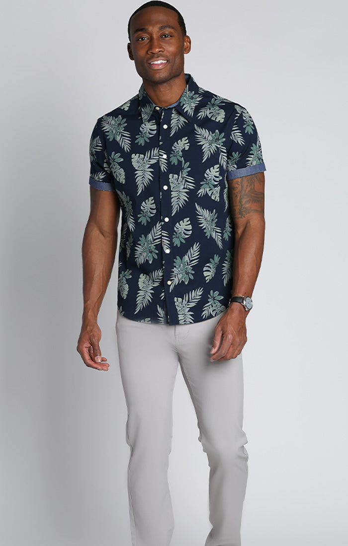 Navy Leaf Print Stretch Short Sleeve Shirt – JACHS NY