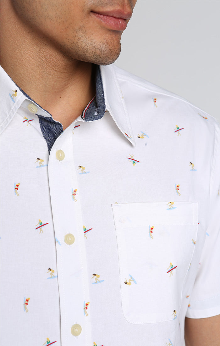 White Surfer Print Stretch Short Sleeve Shirt – JACHS NY