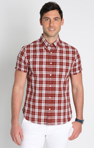 Burgundy Plaid Madras Short Sleeve Shirt - JACHS NY