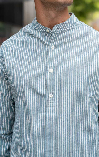 Hayati Blue Stripe Band Collar Shirt - JACHS NY