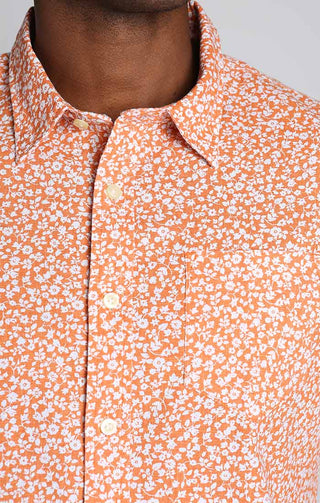 Orange Floral Print Stretch Linen Cotton Shirt - JACHS NY