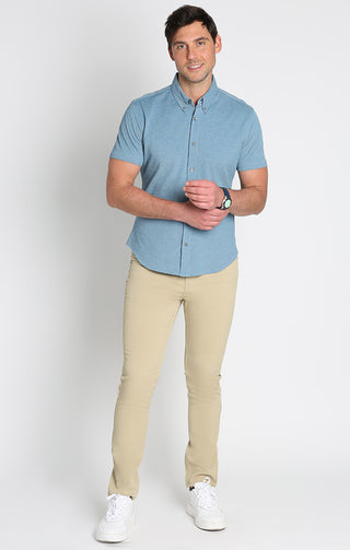 Blue Knit Oxford Stretch Short Sleeve Shirt - JACHS NY