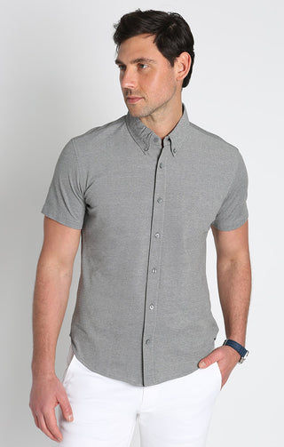 Dark Grey Knit Oxford Stretch Short Sleeve Shirt - JACHS NY