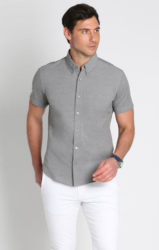 Dark Grey Knit Oxford Stretch Short Sleeve Shirt - JACHS NY