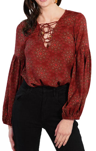 Red Tie Up Bodysuit with Peasant Sleeves - JACHS NY