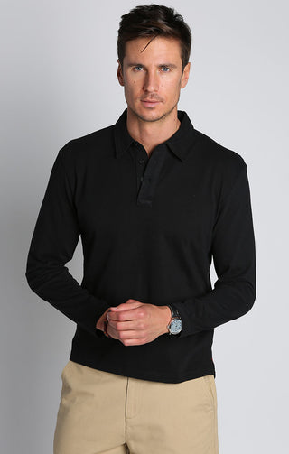 Black Sueded Cotton Long Sleeve Polo - JACHS NY