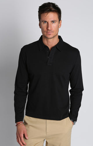 Black Sueded Cotton Long Sleeve Polo - JACHS NY