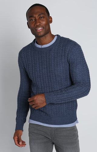Blue Cable Knit Crewneck Sweater - JACHS NY