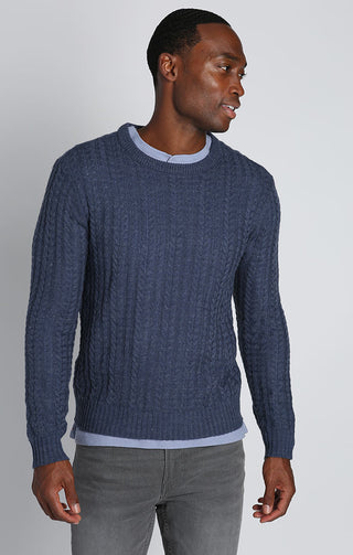 Blue Cable Knit Crewneck Sweater - JACHS NY