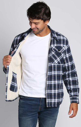 Navy Plaid Flannel Sherpa Lined Shirt Jacket - JACHS NY