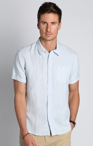 Blue Stripe Linen Short Sleeve Shirt - JACHS NY