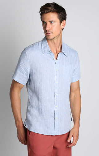 Blue Linen Short Sleeve Shirt - JACHS NY